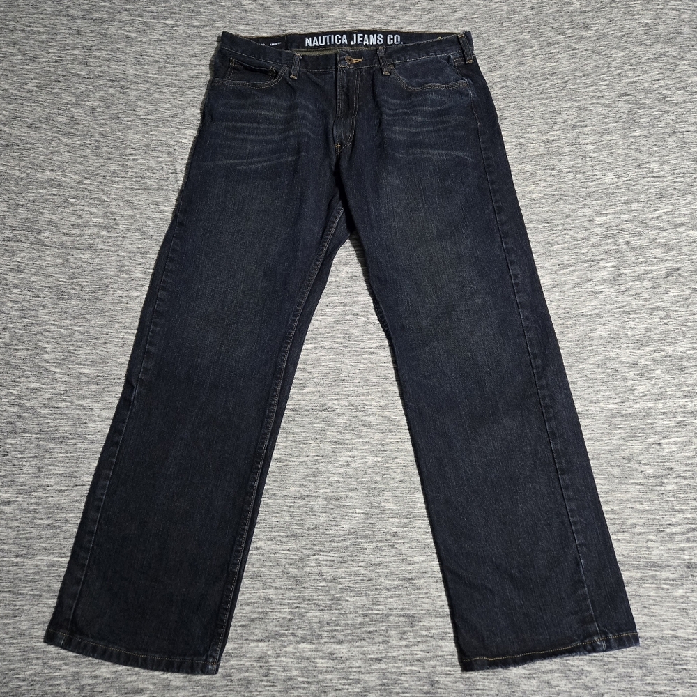 Nautica Jeans Mens 36x32 Loose Fit Straight Pants Dark Wash Mid Rise Heavy Denim